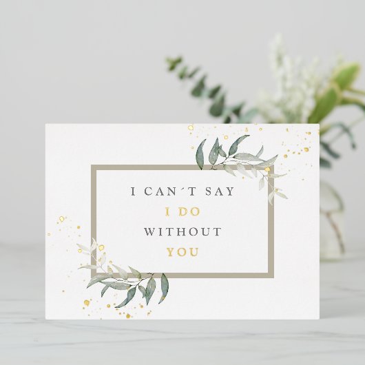 水彩の葉を使ったブライズメイドへのプロポーズ 箔招待状 (立ち正面)