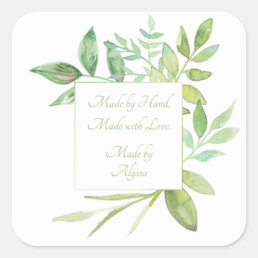 水彩の葉を持つ手ラベルで作成 スクエアシール (正面)