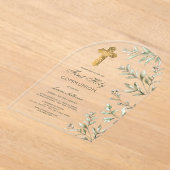 水彩の葉アーチ最初の聖体 アクリル招待状 (レイダウン)