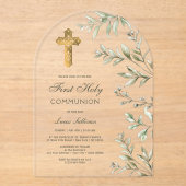 水彩の葉アーチ最初の聖体 アクリル招待状 (正面)