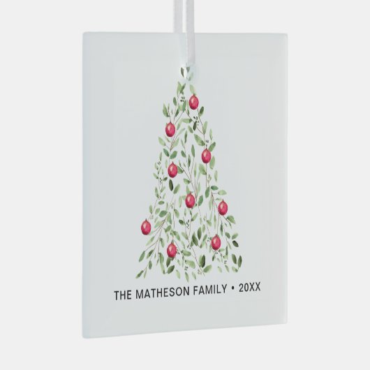 水彩の葉クリスマスツリーパーソナライズされた ガラスオーナメント (正面右)