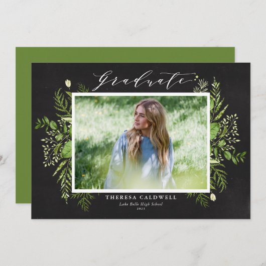 水彩の葉シャルボード写真卒業 案内状 (正面/裏面)