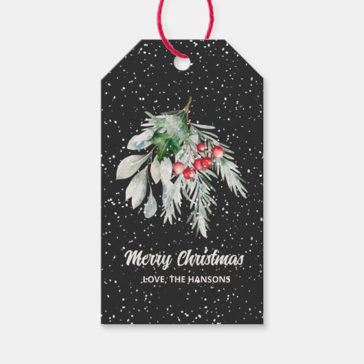 水彩の葉スクリプトモダンメリークリスマス ギフトタグ (正面)