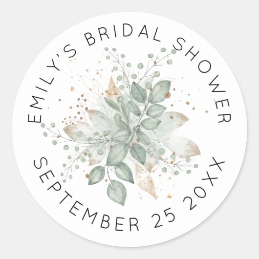 水彩の葉セージブライダルシャワー名日付C ラウンドシール (正面)