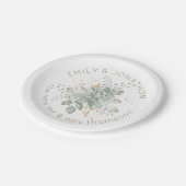 水彩の葉セージ緑の金ゴールドカップル名 ペーパープレート (アングル)