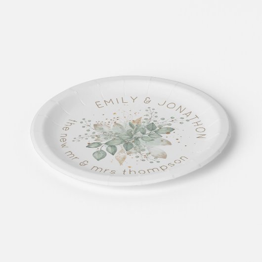 水彩の葉セージ緑の金ゴールドカップル名 ペーパープレート (アングル)