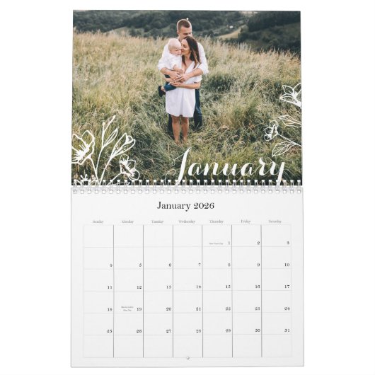 水彩の葉ファミリー写真コラージュ&モノグラム カレンダー (1月 2026)