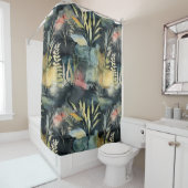 水彩の葉ブラックピンクイエロー抽象芸術 シャワーカーテン (インサイチュ)