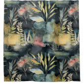 水彩の葉ブラックピンクイエロー抽象芸術 シャワーカーテン (正面)