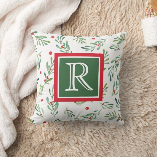 水彩の葉モノグラムパーソナライズされたクリスマス クッション (ブランケット)