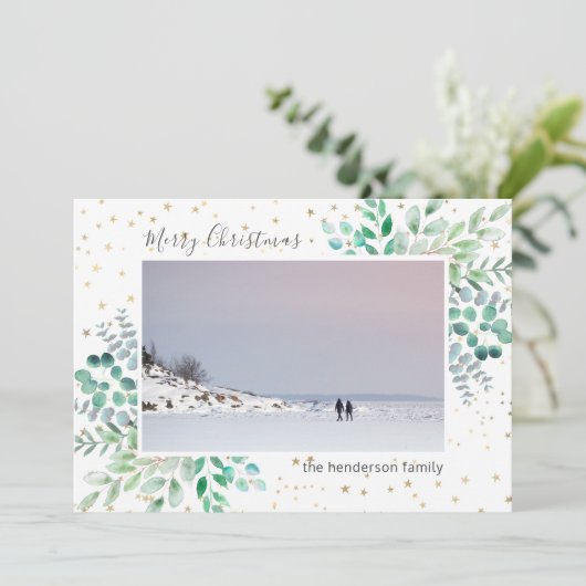 水彩の葉星写真メリークリスマス シーズンカード (スタンド正面)