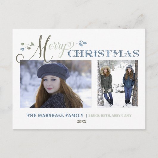 水彩の葉 | 2 枚の写真 | メリークリスマス シーズンポストカード (正面)