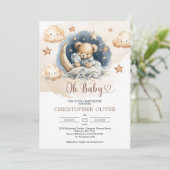 水彩の薄茶色と青がかった眠るテディベア 招待状 (スタンド正面)