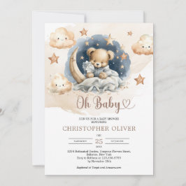 水彩の薄茶色と青がかった眠るテディベア 招待状