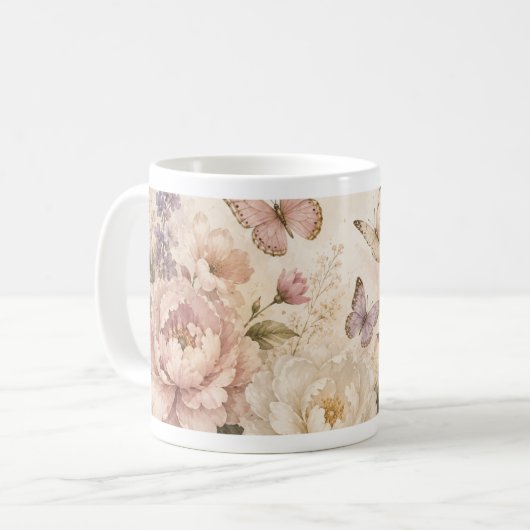 水彩の蝶と花柄のマグカップ コーヒーマグカップ (正面左)