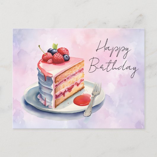 水彩の誕生日ケーキのグリーティングカード ポストカード (正面)