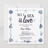 水彩の貝殻で「All I Sea Is Love」ブライダルシャワー 招待状 (正面)