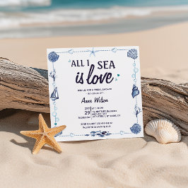 水彩の貝殻で「All I Sea Is Love」ブライダルシャワー 招待状