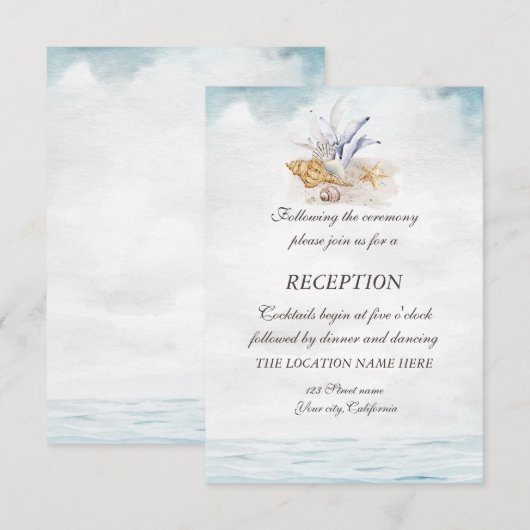 水彩の貝殻、海のレセプション 招待状 (正面/裏面)