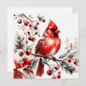 水彩の赤いカーディナルがベリーの枝に シーズンカード (正面/裏面)