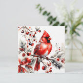 水彩の赤いカーディナルがベリーの枝に シーズンカード (スタンド正面)