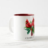 水彩の赤いカーディナル  ホリーの実  名前を入れて ツートーンマグカップ (正面左)