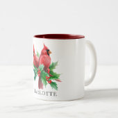 水彩の赤いカーディナル  ホリーの実  名前を入れて ツートーンマグカップ (正面右)