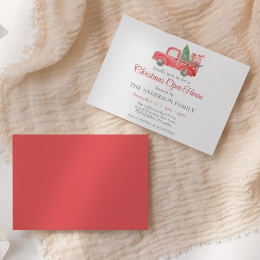水彩の赤いクリスマストラック ホリデー オープンハウス 招待状