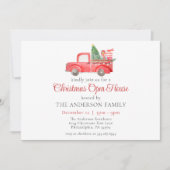 水彩の赤いクリスマストラック ホリデー オープンハウス 招待状 (正面)