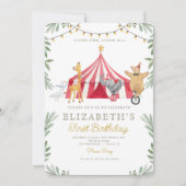 水彩の赤いサーカス カーニバル ベビー バースデー 招待状 (正面)