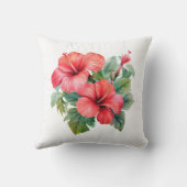 水彩の赤いハイビスカス 熱帯の花と緑 クッション (裏面)
