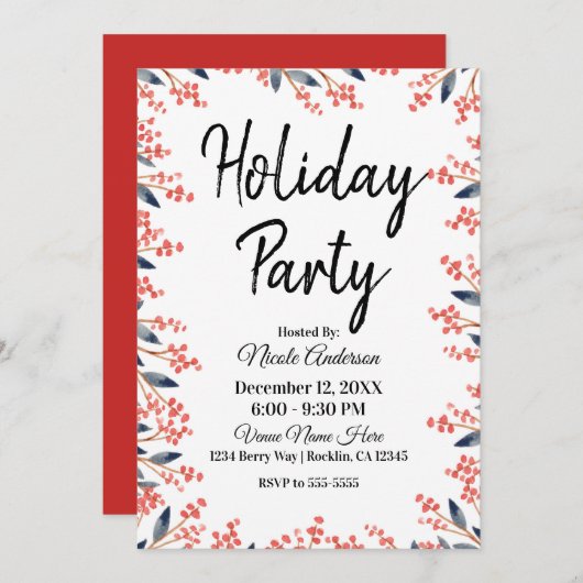 水彩の赤いホリデーパーティー　冬の実と葉 招待状 (正面/裏面)