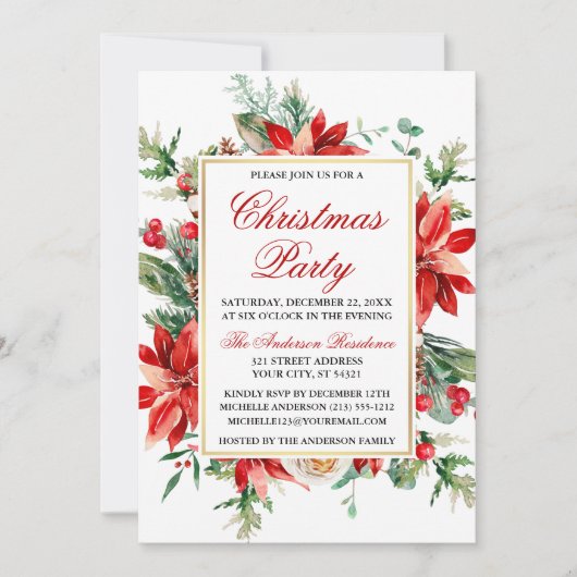 水彩の赤いポインセチアの花のクリスマスパーティー 招待状 (正面)