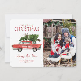 水彩の赤い車 | クリスマスホリデー写真カード 招待状