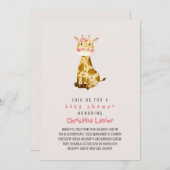 水彩の赤ちゃんキリンがかわいいファンシーなベビーガール 招待状 (正面/裏面)