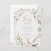 水彩の赤ちゃん鳥と花の葉のベイビーシャワー 招待状 (正面/裏面)