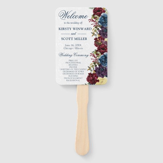 水彩の赤とネイビー冬の花のウェディング ハンドファン (正面)