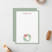 水彩の赤と緑のクリスマスリース ノートカード (正面/裏面インサイチュ)