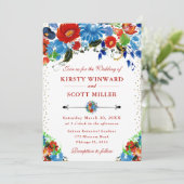 水彩の赤と青の花のウェディング 招待状 (スタンド正面)
