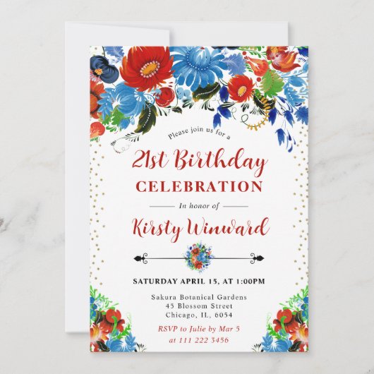 水彩の赤と青の花 21歳の誕生日 招待状 (正面)