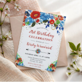 水彩の赤と青の花 21歳の誕生日 招待状