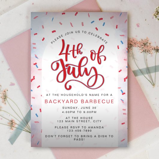 水彩の赤と青の7月4日パーティー 招待状