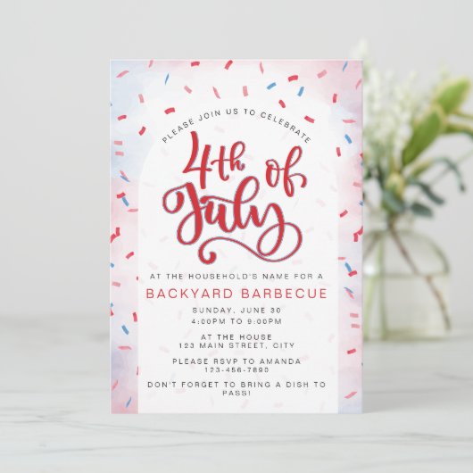 水彩の赤と青の7月4日パーティー 招待状 (スタンド正面)