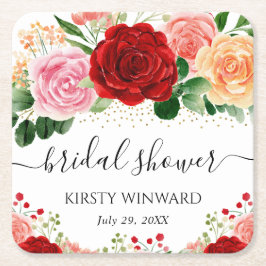 水彩の赤と黄色のバラのブライダルシャワー スクエアペーパーコースター