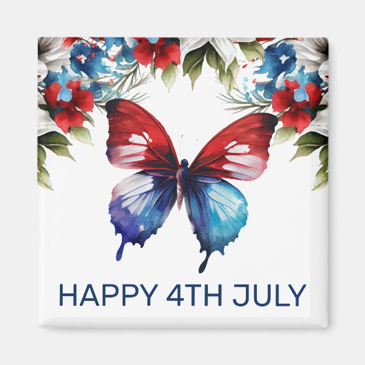 水彩の赤、青、白の花 4th of July マグネット (正面)