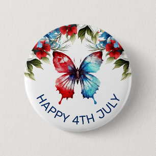水彩の赤、青、白の花 4th of July 缶バッジ