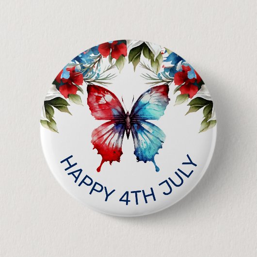 水彩の赤、青、白の花 4th of July 缶バッジ (正面)