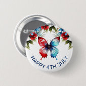 水彩の赤、青、白の花 4th of July 缶バッジ (正面&裏面)