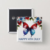 水彩の赤、青、白の花 4th of July 缶バッジ (正面&裏面)