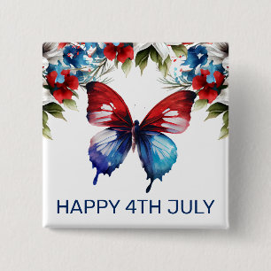 水彩の赤、青、白の花 4th of July 缶バッジ